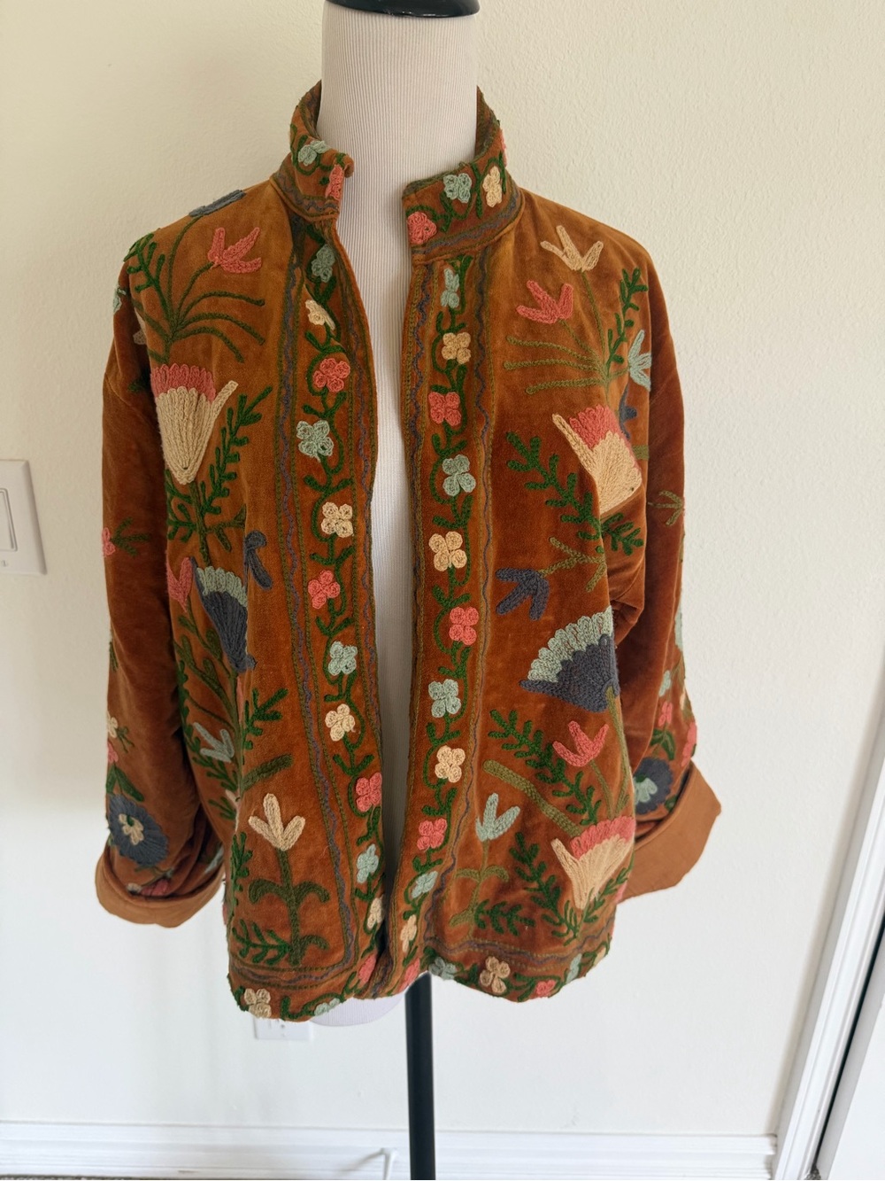Handmade Indian Suzani Embroidered Velvet Jacket Burnt Terracotta Rust one size